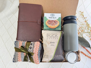 Adventurer's Trove | Snacks Gift Basket, Coffee Set with Tumbler